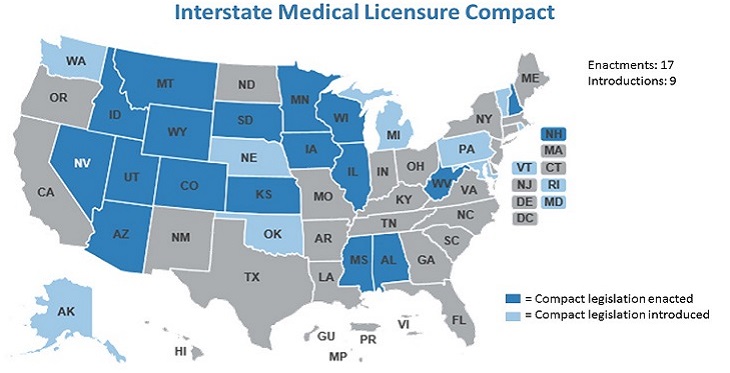 Seventeen states have enacted the Interstate Medical Licensure Compact so far, with 9 more states introducing Compact legislation. (Map courtesy of the Federation of State Medical Boards, http://licenseportability.org/) 