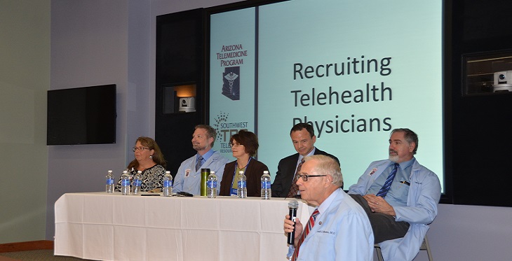 Panel discussion (l to r) Gigi Sorenson, Dr. Bart Demaerschalk, Dr. Sara Gibson, Dr. Robert Groves, Dr. Jeff Lisse, with Dr. Ronald Weinstein moderating the session.