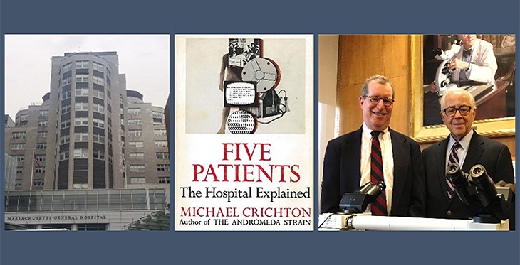 Left, MGH “White Building” housing the original telemedicine hub. Middle, Crichton’s book describing his Harvard Medical School student telemedicine experience. Right, Dr. Weinstein in Boston, recently celebrating the 50th Anniversary of his first telepathology case (then called “Television Microscopy”) seen with David N. Louis, MD, Benjamin Castleman Professor of Pathology, HMS and current MGH Pathologist-in-Chief (left), in the MGH Pathology Department Library, on April 27, 2018.