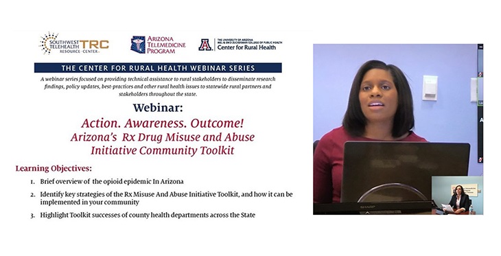 Lacie Ampadu presenting from the THealth Institute in Phoenix, and Alyssa Padilla, MPH (insert) facilitating the webinar from ATP  in Tucscon.
