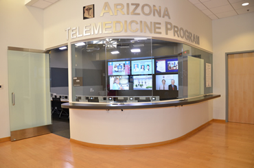 Exterior view of the Arizona Telemedicine Program’s T-Health Institute’s Amphitheater on the campus of the Phoenix Biomedical Campus in downtown Phoenix, AZ