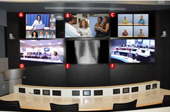 Video wall in T-Health Institute.  Multi-site interprofessional team training in the T-Health Amphitheater (simulation).